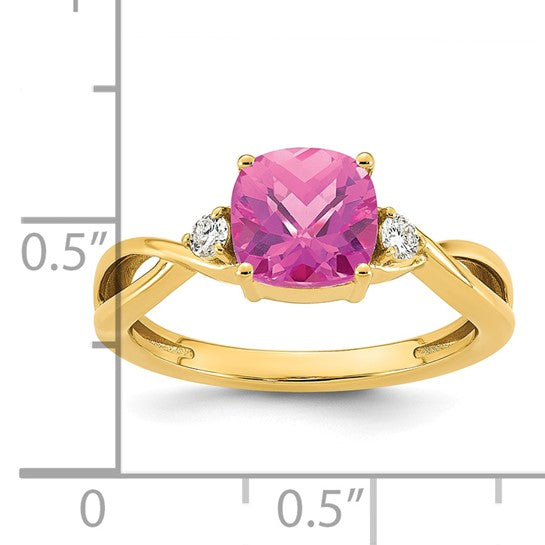14k Checkerboard Lab Created Pink Sapphire and 1/10 carat Lab Grown Diamond VS/SI+ G+ October Birthstone Complete Ring