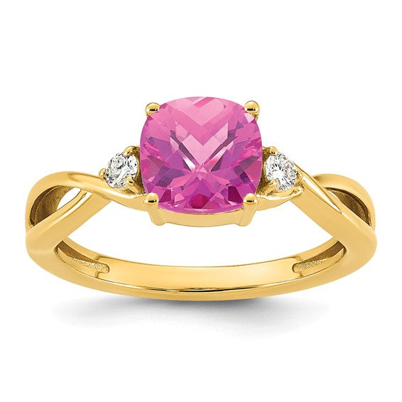 14k Checkerboard Lab Created Pink Sapphire and 1/10 carat Lab Grown Diamond VS/SI+ G+ October Birthstone Complete Ring