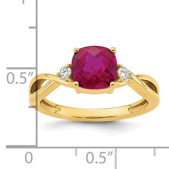 14k Checkerboard Lab Created Ruby and 1/10 carat Lab Grown Diamond VS/SI+ G+ July Birthstone Complete Ring