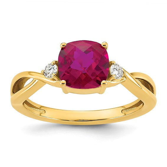 14k Checkerboard Lab Created Ruby and 1/10 carat Lab Grown Diamond VS/SI+ G+ July Birthstone Complete Ring