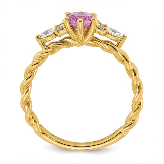 14k Polished Lab Created Pink Sapphire and 1/6 carat Lab Grown Diamond VS/SI+ G+ October Birthstone Complete Twisted Ring