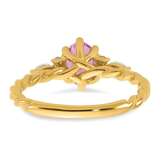 14k Polished Lab Created Pink Sapphire and 1/6 carat Lab Grown Diamond VS/SI+ G+ October Birthstone Complete Twisted Ring