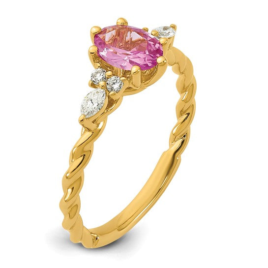 14k Polished Lab Created Pink Sapphire and 1/6 carat Lab Grown Diamond VS/SI+ G+ October Birthstone Complete Twisted Ring