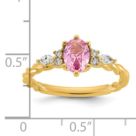 14k Polished Lab Created Pink Sapphire and 1/6 carat Lab Grown Diamond VS/SI+ G+ October Birthstone Complete Twisted Ring