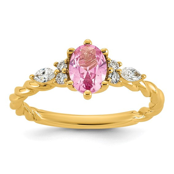 14k Polished Lab Created Pink Sapphire and 1/6 carat Lab Grown Diamond VS/SI+ G+ October Birthstone Complete Twisted Ring
