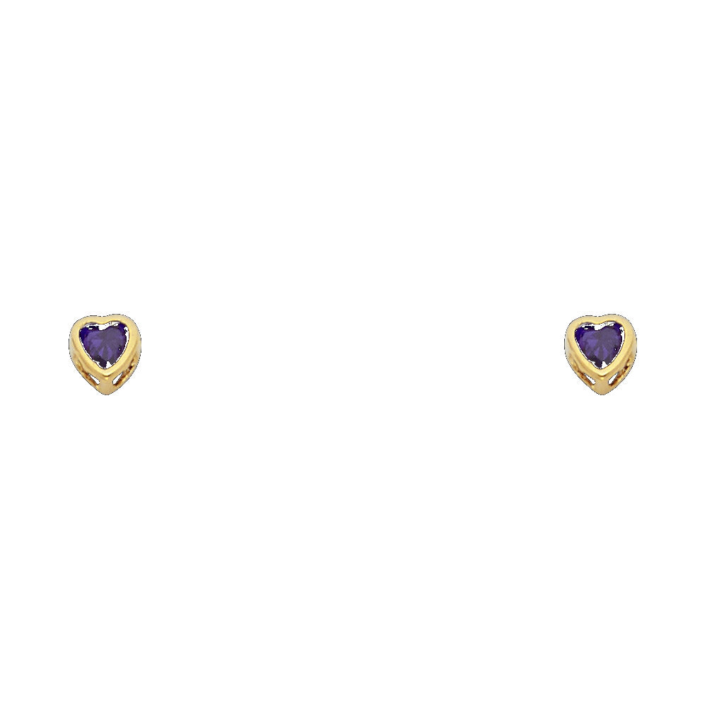 14KY Birthstone 3mm Heart CZ Bezel Screw Back Stud Earrings