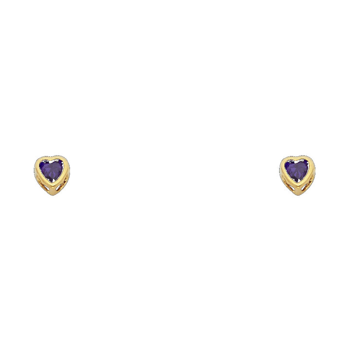 14KY Birthstone 3mm Heart CZ Bezel Screw Back Stud Earrings