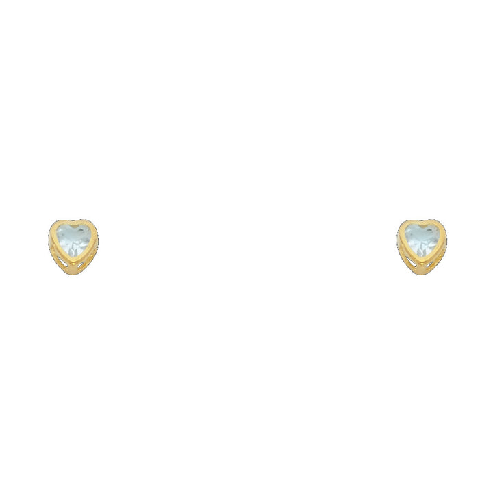 14KY Birthstone 3mm Heart CZ Bezel Screw Back Stud Earrings