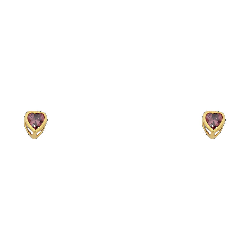 14KY Birthstone 3mm Heart CZ Bezel Screw Back Stud Earrings