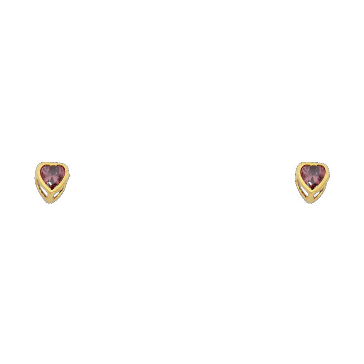 14KY Birthstone 3mm Heart CZ Bezel Screw Back Stud Earrings