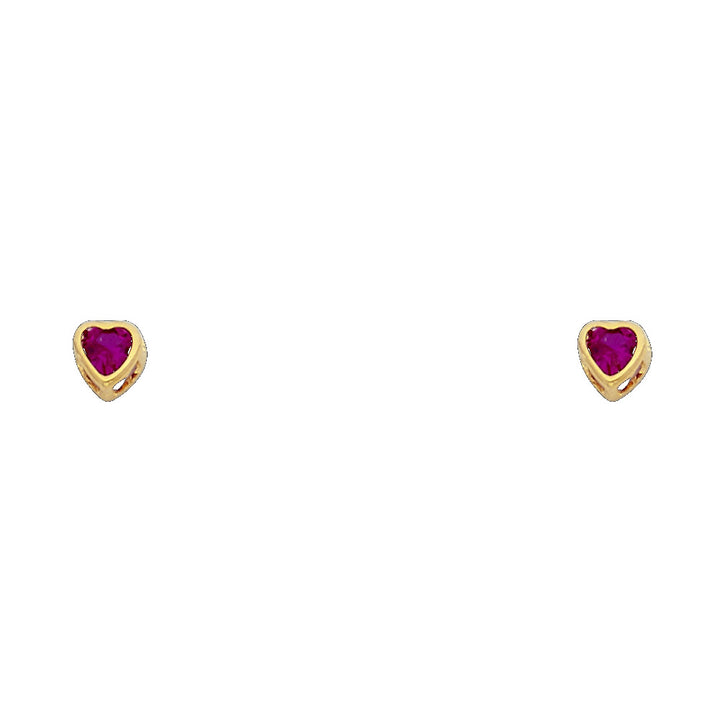 14KY Birthstone 3mm Heart CZ Bezel Screw Back Stud Earrings
