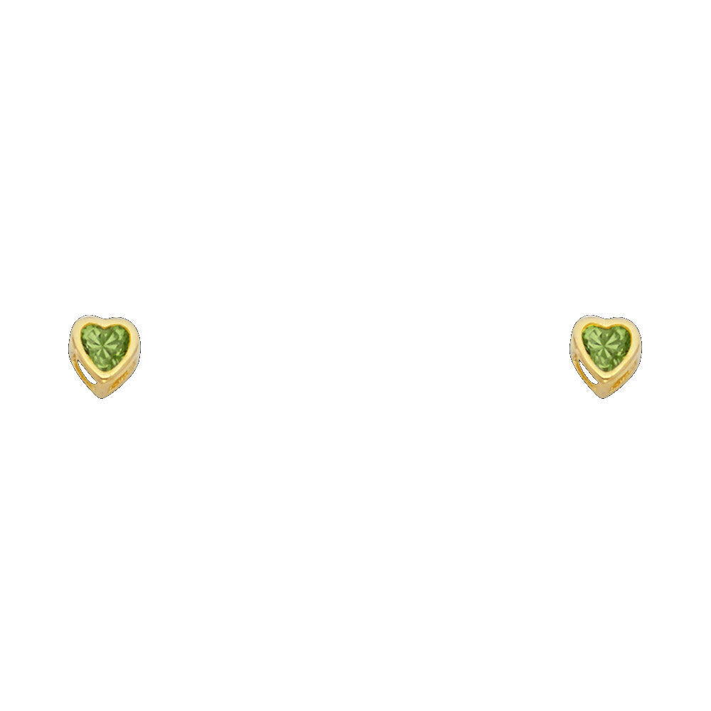 14KY Birthstone 3mm Heart CZ Bezel Screw Back Stud Earrings