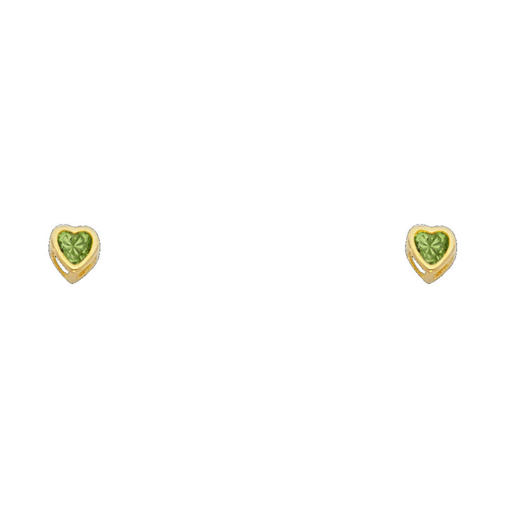 14KY Birthstone 3mm Heart CZ Bezel Screw Back Stud Earrings