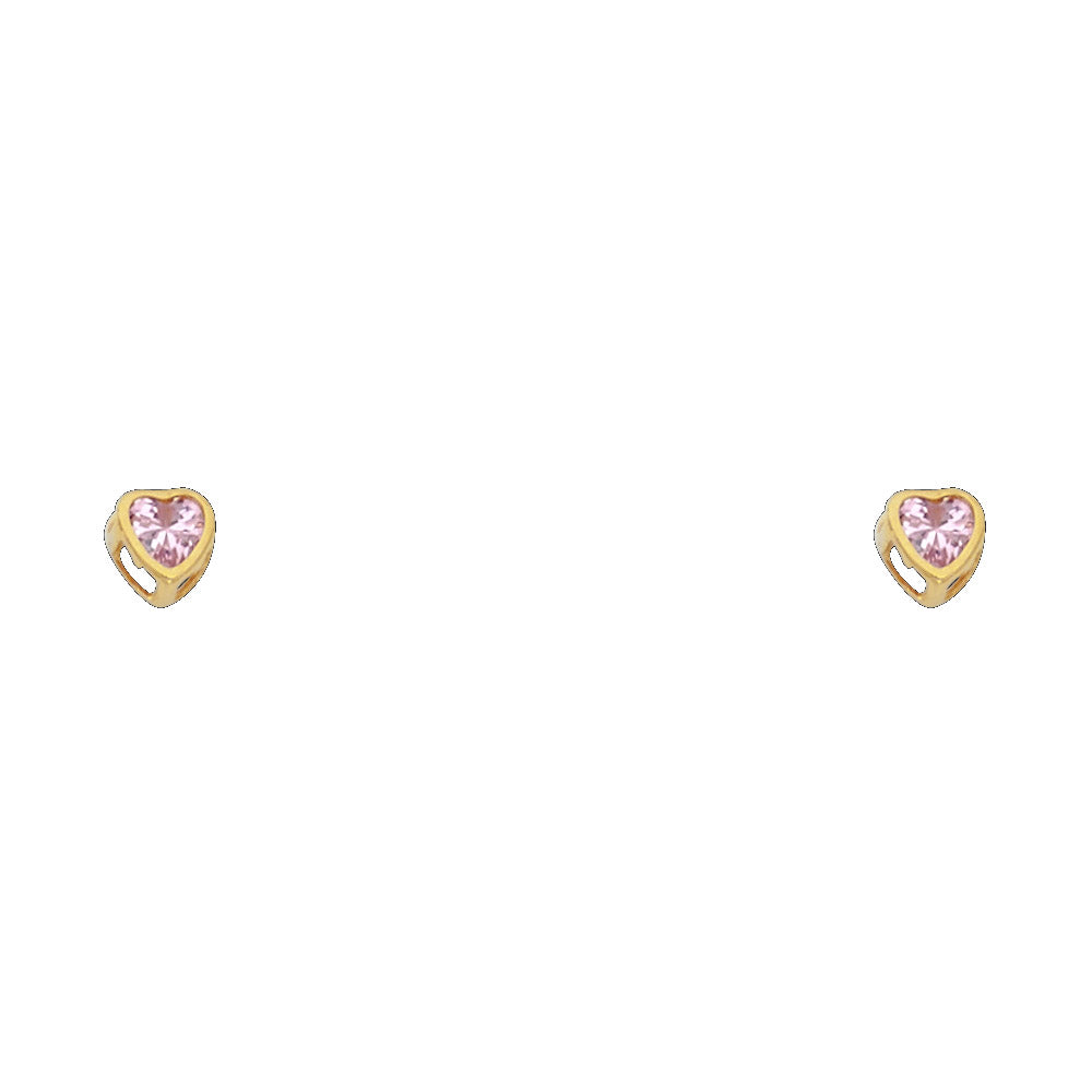 14KY Birthstone 3mm Heart CZ Bezel Screw Back Stud Earrings
