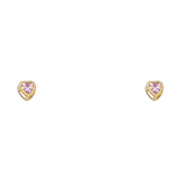 14KY Birthstone 3mm Heart CZ Bezel Screw Back Stud Earrings