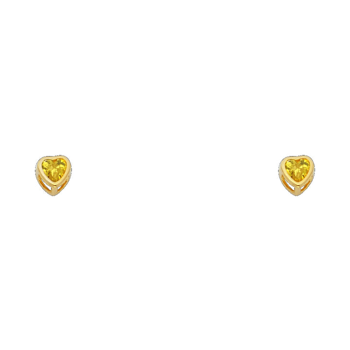 14KY Birthstone 3mm Heart CZ Bezel Screw Back Stud Earrings
