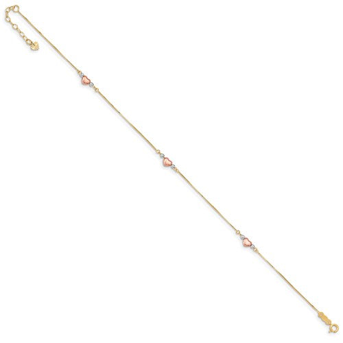 14k Tri-Color Puffed Heart 10in Plus 1in ext Anklet