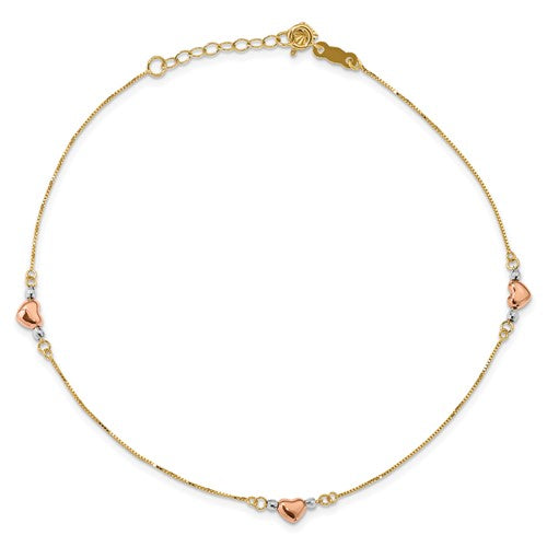 14k Tri-Color Puffed Heart 10in Plus 1in ext Anklet