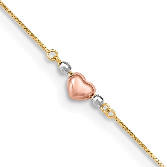 14k Tri-Color Puffed Heart 10in Plus 1in ext Anklet