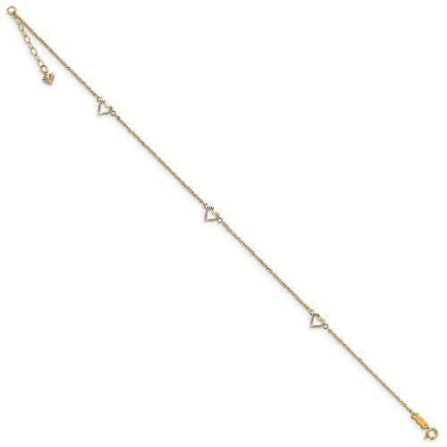 14k Diamond-cut Hearts 10in Plus 1in ext Anklet
