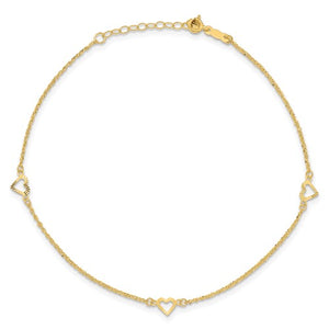 14k Diamond-cut Hearts 10in Plus 1in ext Anklet