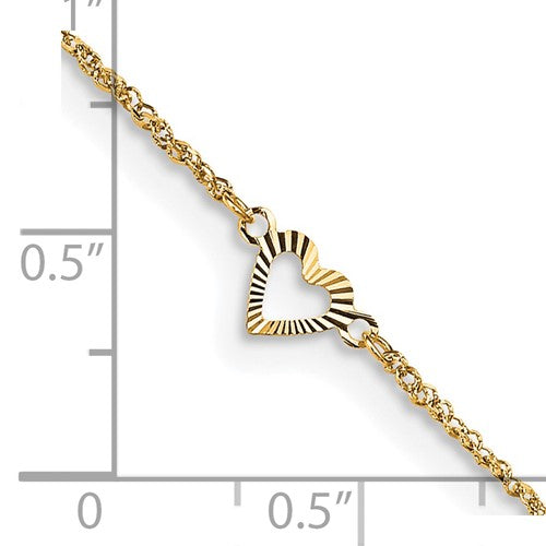 14k Diamond-cut Hearts 10in Plus 1in ext Anklet
