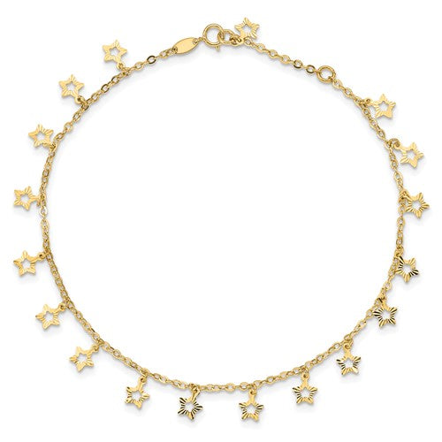 14k Polished and Textured Star 9in Plus 1in ext. Anklet