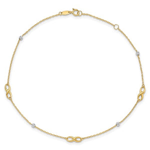 14K Two-Tone Diamond-cut Beads and Infinity 10in Plus 1in ext. Anklet