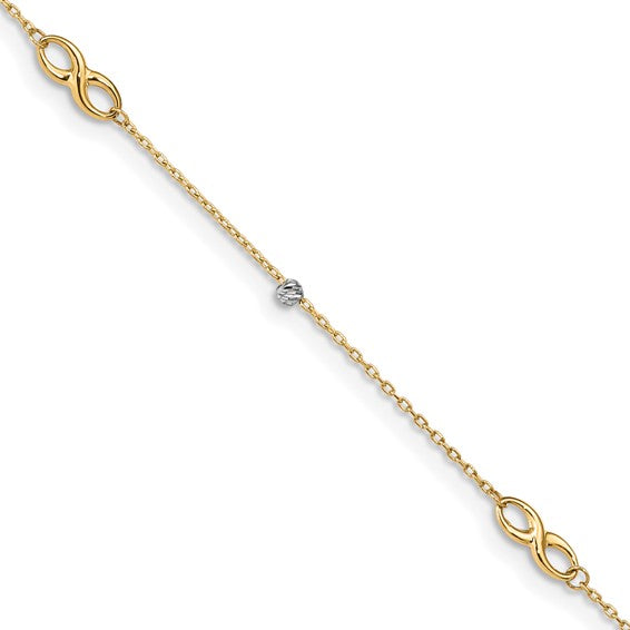 14K Two-Tone Diamond-cut Beads and Infinity 10in Plus 1in ext. Anklet