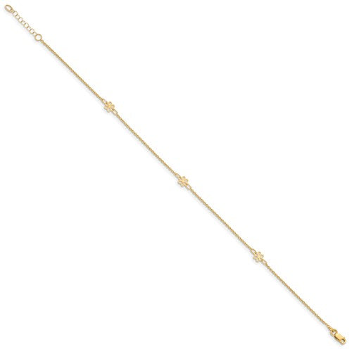 14K Polished Flowers 10in Plus 1in ext. Anklet