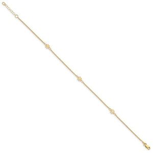 14K Polished Flowers 10in Plus 1in ext. Anklet