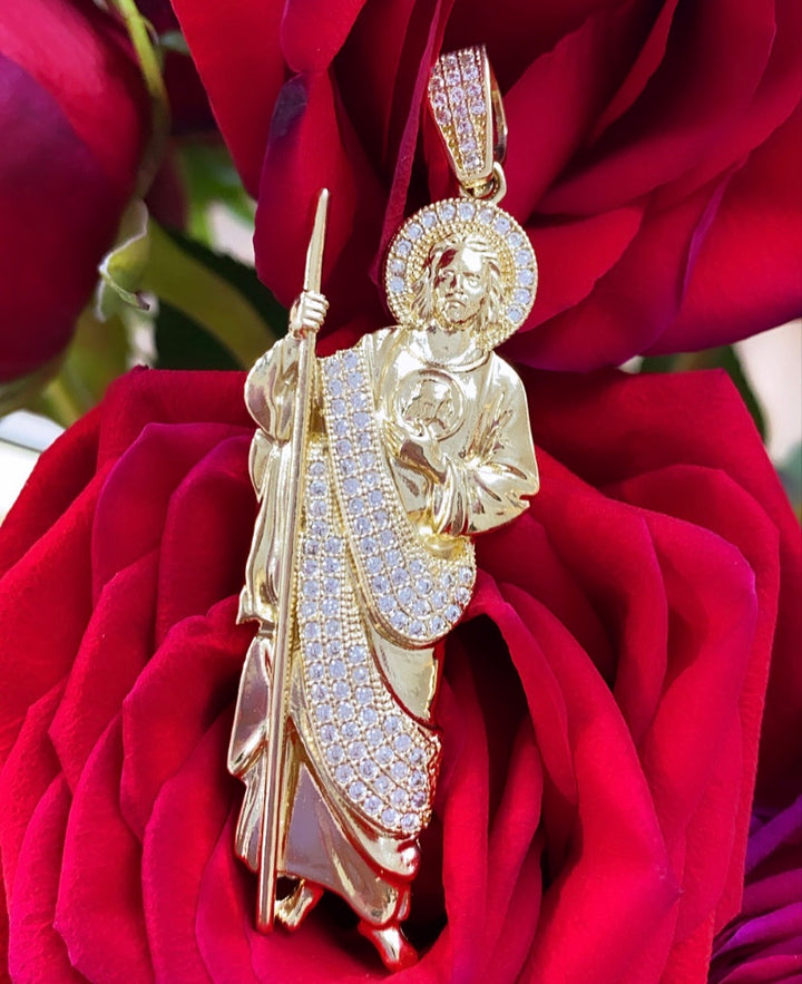 14k Gold Large San Judas Pendant CZ