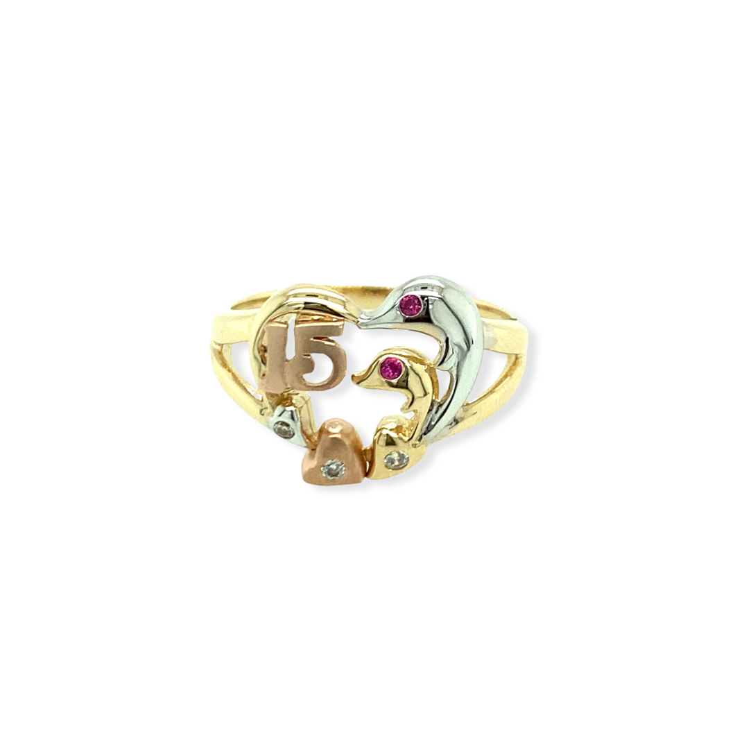 14k Gold 15 Años Tri-Color Dolphins Ring