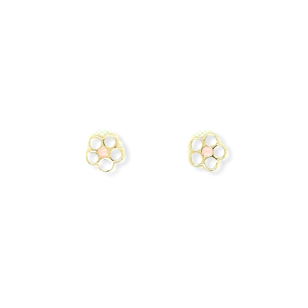 14k Gold White Flower Enamel Earrings