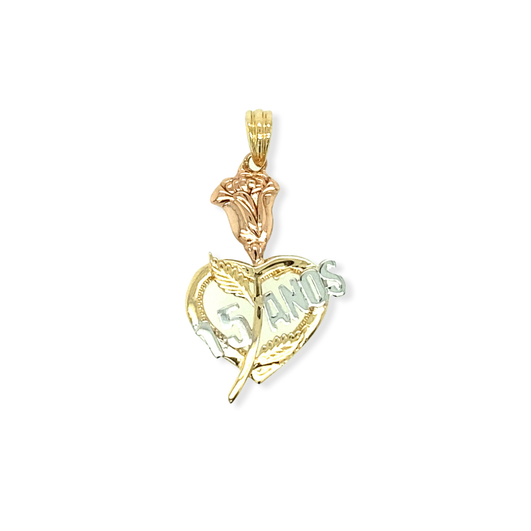 14k Gold 15 Años Tri-Color Rose Heart Pendant