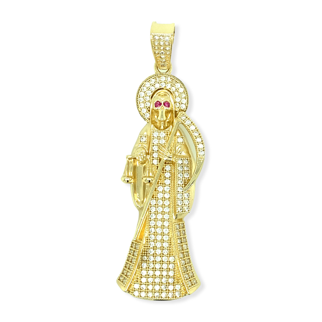 14k Gold Santa Muerte Pendant with Cubic Zirconias