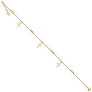 14k Polished And Textured Cross 9 in Plus 1in Ext. Anklet