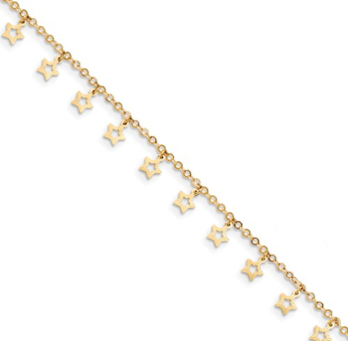 14k Gold Polished And Textured Star 9in Plus 1in Ext. Anklet