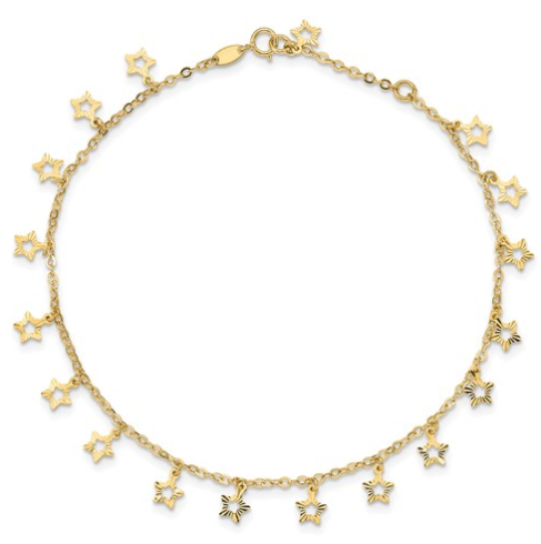 14k Gold Polished And Textured Star 9in Plus 1in Ext. Anklet