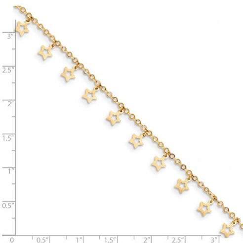 14k Gold Polished And Textured Star 9in Plus 1in Ext. Anklet